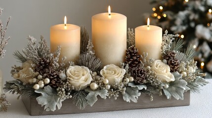 Elegant advent candle centerpiece with evergreen wreath, pine cones, and gold ornaments — four candles, warm glow, minimal Christmas table decor and cozy winter home styling with soft bokeh