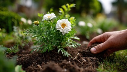 A close-up shows a hand planting a white flower in rich soil, surrounded by lush greenery