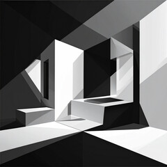 A harmonious cascade of fragmented architectural forms defined by stark light and deep shadow in a surreal, monochromatic interior space