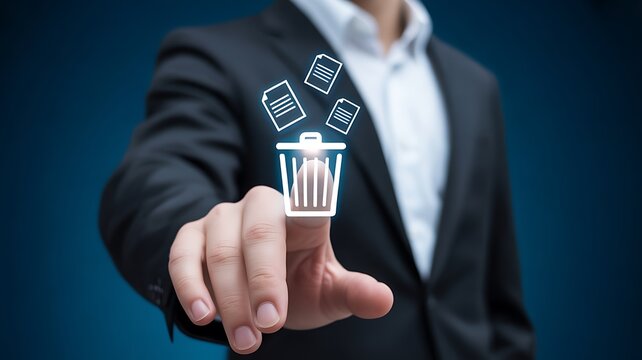 Businessman Deleting Files with Finger Touch on Digital Trash Can Icon Represents Data Removal