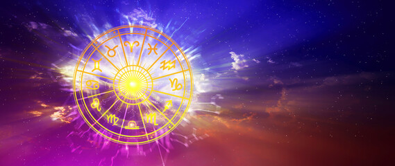 Horoscope with zodiac signs concept. astrology and money wealth concept, Astrological zodiac signs inside of horoscope circle, knowledge of stars in the sky