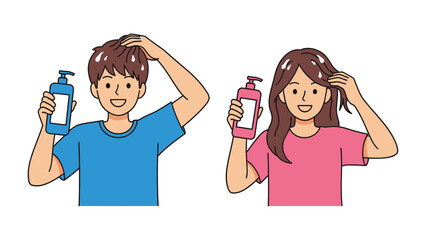 Happy young man and woman holding shampoo bottles and touching their healthy hair showcasing hair care and beauty products