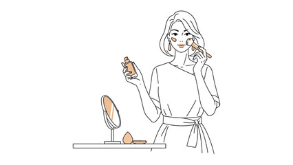 Elegant line art illustration of a woman in a bathrobe applying perfume or essential oil to her wrist after a shower with a towel on her head
