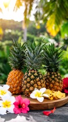 Three pineapples on a wooden platter with tropical flowers