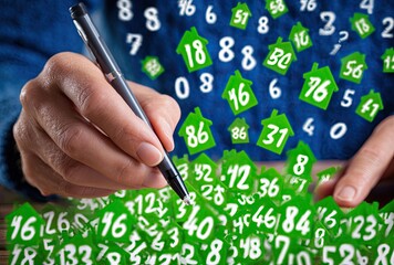 Hands holding pen over floating numbers and houses, financial concept