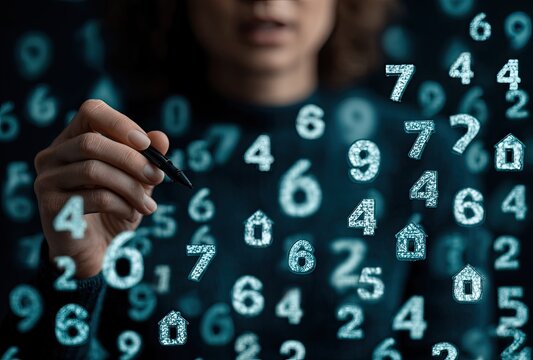 Person writing with pen over floating numbers and symbols, possibly homes