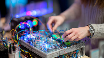 hands assembling electronics kits at do-it-yourself tech workshop market booth