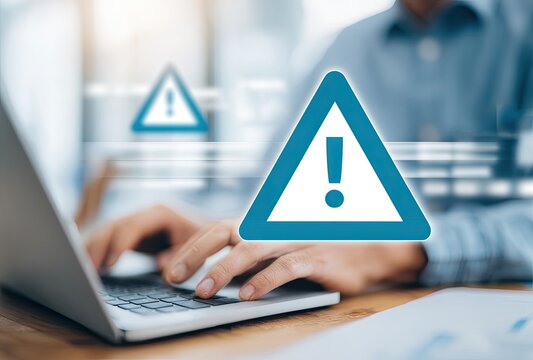 Person working on laptop with warning signs overlaid