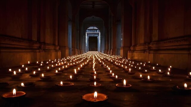 traditional diya lamps illuminate ancient hallway celebration