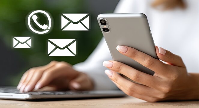 Person using a smartphone and computer keyboard with communication icons