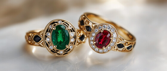 A studio still life of two ornate gold rings, featuring an emerald and ruby oval gemstone in bezel settings, framed by brilliant white diamonds