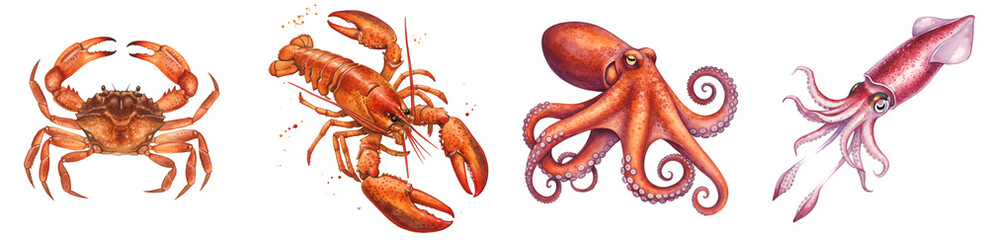 Fresh seafood feast featuring crab, lobster, octopus, and squid delights for culinary adventures with transparent background