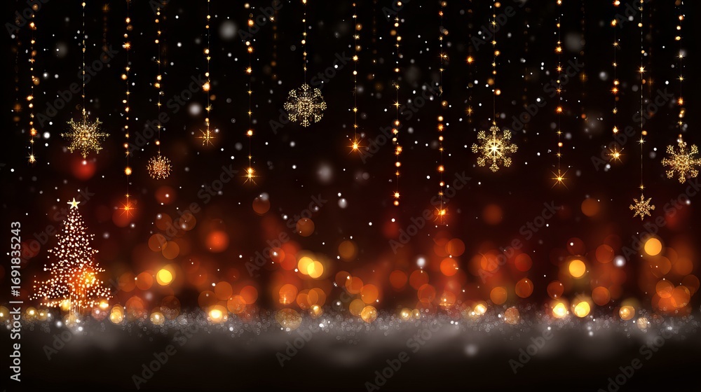 Poster festive christmas lights background with warm golden bokeh and twinkling fairy string lights — cozy 