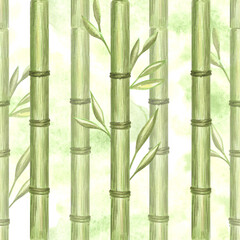 Fototapeta premium Green bamboo stems with leaves seamless pattern. Botanical greenery watercolor illustration. Hand drawn branch for eco-friendly design. Oriental rainforest plant for branding of zen wellness, relax.