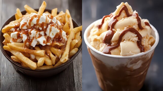 A split image showing poutine with cheese curds and gravy next to an ice cream sundae with chocolate syrup
