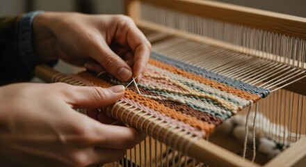 Closeup of Hands Weaving Colorful Textured Fabric on a Traditional Loom