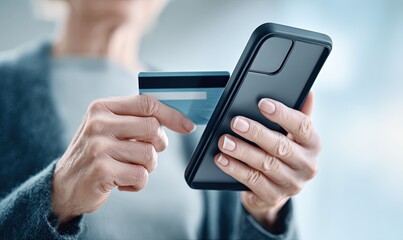 Senior woman holding credit card and smartphone for online payment
