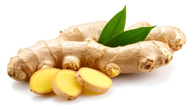 Fresh ginger root with leaves and slices