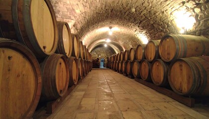 Aged wine barrels lined in a stone cellar