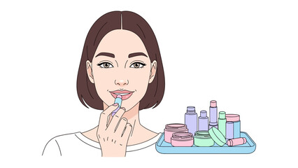 Close up illustration of a young woman with brown hair applying lip balm or lipstick with a small applicator surrounded by skincare products