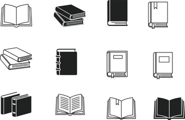 Black and white book icons, reading symbols, open and closed books, library icons, education vector, literature, knowledge, learning