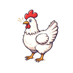 Fototapeta premium Delightful cartoon white chicken illustration, capturing a cheerful farm hen with a vibrant red comb and open beak, radiating rustic charm and simplicity
