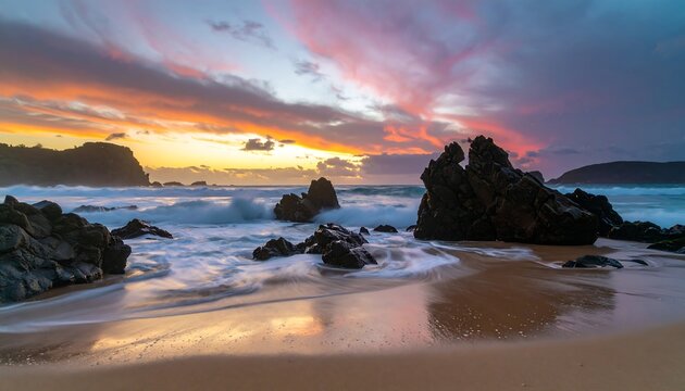 Dramatic sunset over a rocky beach