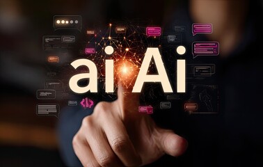 A hand points at the word "AI" surrounded by digital interface elements