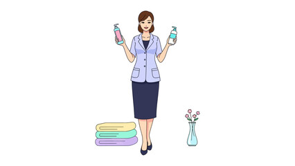 Professional female healthcare worker or pharmacist confidently holding two different bottles of medication in each hand standing beside stacked towels and a vase of flowers