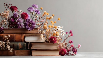 A stack of old books adorned with a vibrant arrangement of dried flowers against a gray backdrop