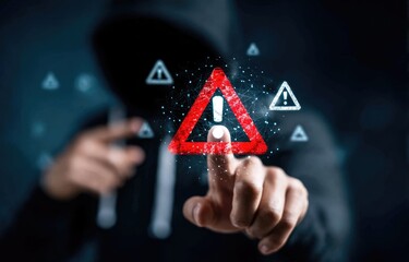 A hooded figure interacts with a glowing red warning sign