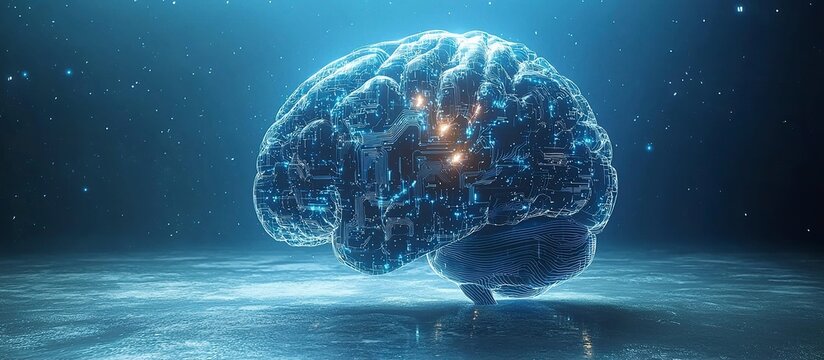 Digital representation of a human brain with glowing circuits