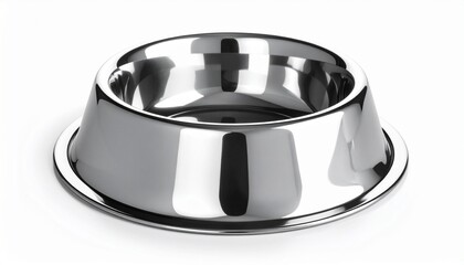 Stainless steel pet food bowl with wide base and reflective surface