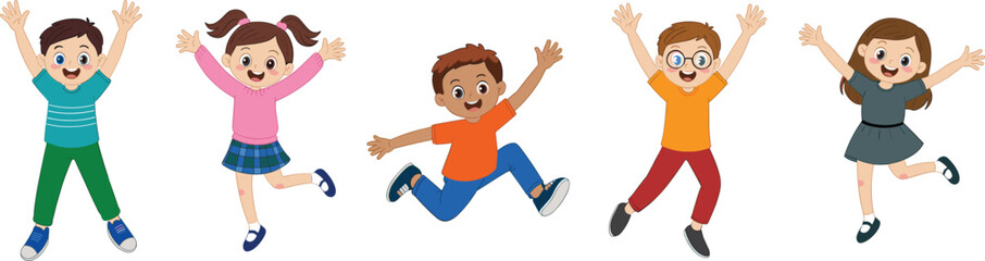 Happy children jumping, cheerful kids playing together, diversity in youth, fun moments, energetic kids in casual outfits, laughter, outdoor happiness