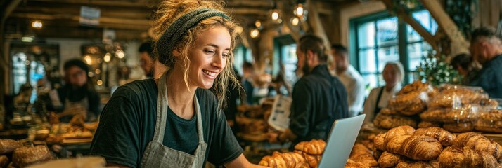 A smiling woman works on a laptop behind a counter laden with pastries, in a crowded bakery