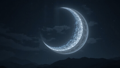 Fototapeta premium A luminous crescent moon shines brightly in the night sky, casting an ethereal glow over silhouetted mountains below