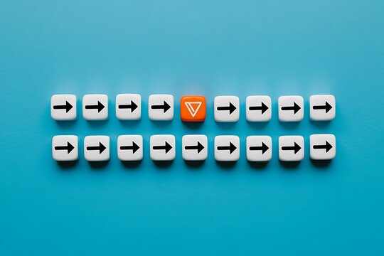 Unique Orange Cube Diverges from Row of Rightward Arrows; Business Concept; Differentiation Strategy; Minimalist Design.