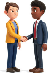 Obraz premium Diverse 3D animated business professionals shaking hands, symbolizing successful agreement, collaboration, and partnership in a modern corporate setting