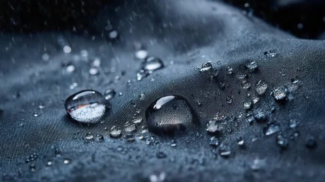 Rain is falling on waterproof gray nylon fabric