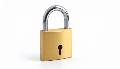 Naklejka premium Brass padlock with silver shackle on white background