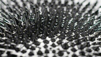 Dynamic abstract background presenting the intricate patterns formed by ferrofluid spikes under the influence of a magnetic field, a fascinating dark liquid science - Powered by Adobe