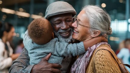 Grandparents hugging grandchild at the airport - Powered by Adobe