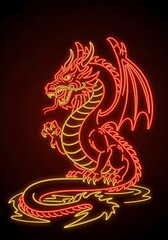 Fototapeta premium Illuminated mythical creature: vibrant neon dragon silhouette radiating against a dark backdrop