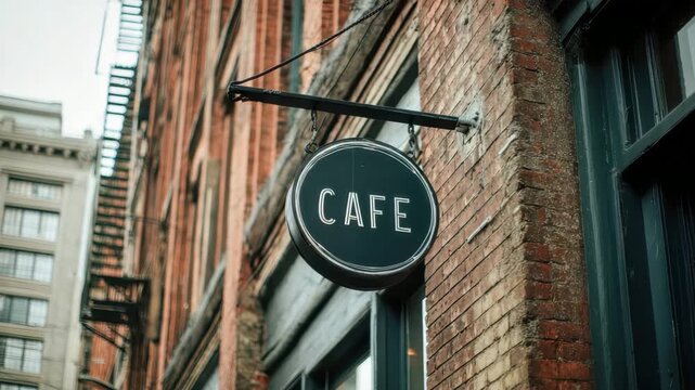 Round cafe sign hanging on a brick wall building