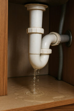 Leaking P-trap under a sink causes water damage. Emergency plumbing repair needed to stop the leak and prevent further damage.
