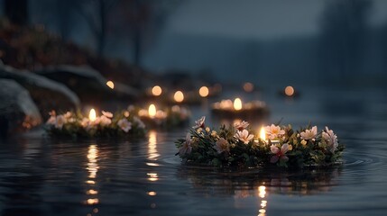 Floating floral wreaths with candlelight on a calm river at dusk — serene water lanterns, romantic evening glow, soft bokeh reflections, tranquil nature celebration background