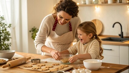 Mother and daughter baking cookies together in a cozy kitchen, sharing a joyful moment of family bonding and creating sweet memories