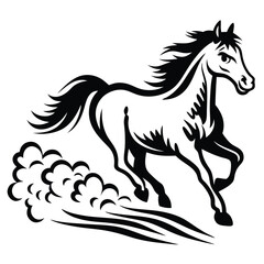 Animated Running Horse with Mane and Hoof Dust on White Background Silhouette