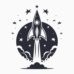 A sleek black and white rocket is taking off with stars surrounding it in the sky