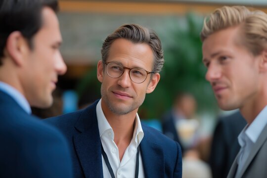 Caucasian male professionals engaged in business discussion at networking event